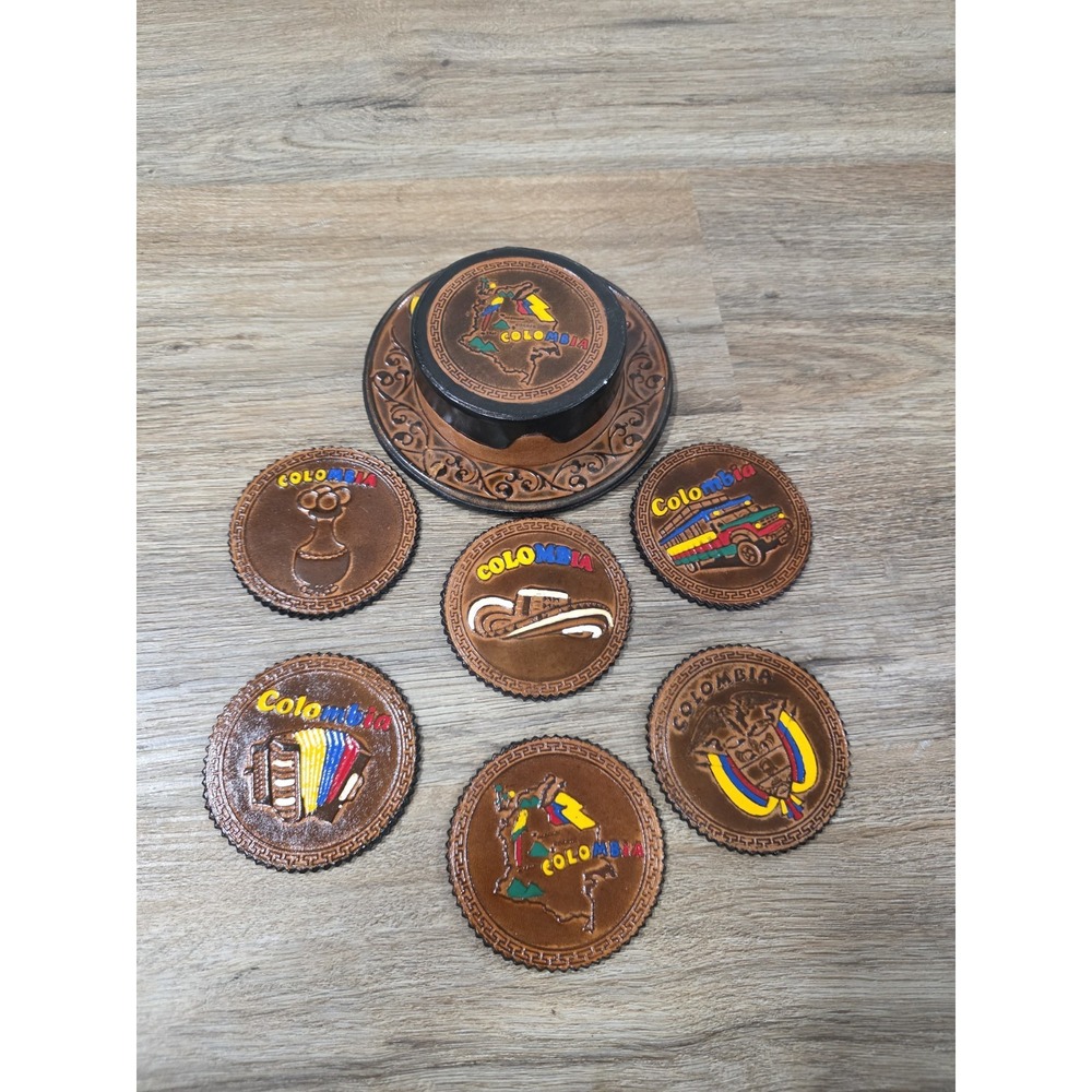 Lot Of 6 Hand Tooled Leather Coasters W/Holder Columbia- Excellent Condition!